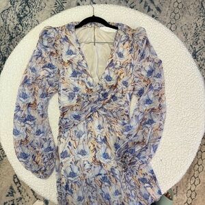 Astr Blue and Tan Sheath Dress with Bishop Sleeves